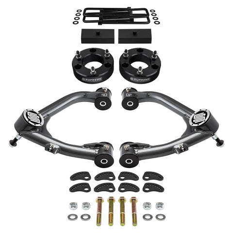 2007-2018 GMC Sierra 1500 Full Suspension Lift Kit with Uni-Ball Upper Control Arms and Camber/Caster Adjusting & Lock-Out Kit-Suspension Lift Kits-Supreme Suspensions®-2.5"-1"-Black-Supreme Suspensions®