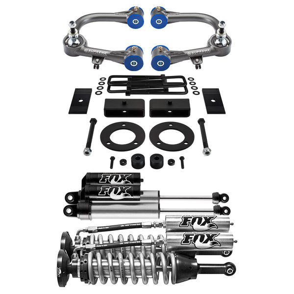 3,5-Zoll-Höherlegungssatz vorne + 1,5-Zoll hinten 2005–2019 Toyota Tacoma Uca + Fox-Reservoir-Gewindefahrwerk + Stoßdämpfer