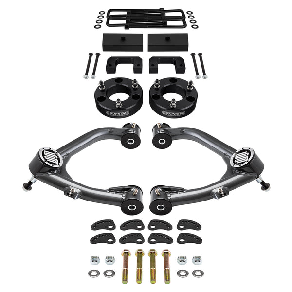 kit de levage à suspension complète GMC Sierra 1500 2007-2018 avec bras de commande supérieurs Uni-Ball et kit de réglage et de verrouillage du carrossage/roulette