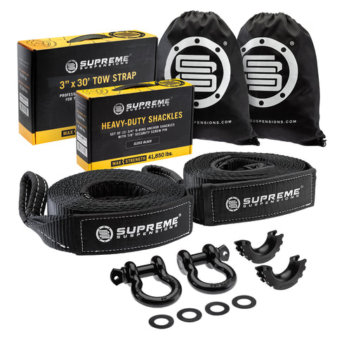 طقم حزام سحب الاسترداد من Supreme Suspensions® + تكبل مرساة على شكل حلقة D مقاس 3/4 بوصة للخدمة الشاقة مع دبوس لولبي للأمان مقاس 7/8 بوصة - نظام تعليق Supreme Suspensions باللون الأسود اللامع®-Supreme Suspensions®