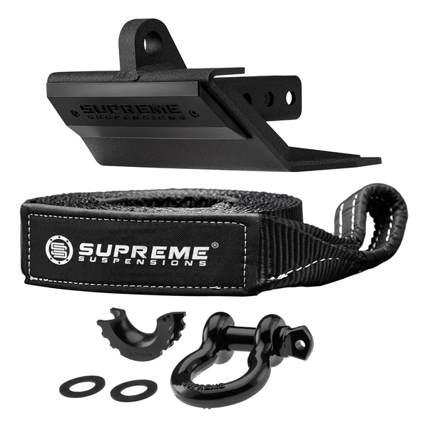 Supreme Suspensions® multifunksjonsfeste-mottakerplate med 3/4" D-ringsjakkel og 30' gjenopprettingsstropp