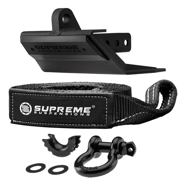 Supreme Suspensions® Multifunktions-Anhängerkupplungs-Unterfahrschutzplatte mit 3/4-Zoll-D-Ring-Schäkel und 30-Fuß-Abschleppgurt