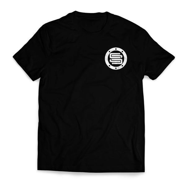 Zweifarbiges Premium-T-Shirt aus einer Baumwollmischung in Weiß auf Schwarz mit Taschenaufdruck und Rückendesign von Supreme Suspensions®