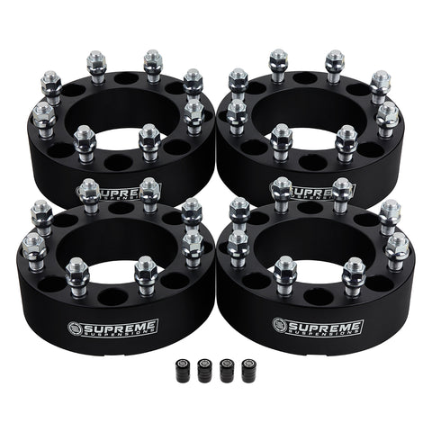 مجموعة فواصل العجلة DODGE RAM 2500 3500 8x6.5 "BP / 9/16" x18 ترصيع + أغطية صمام الإطارات - الفواصل والمحولات - نظام التعليق الفائق® - 1.5 بوصة - أسود - 4 قطع - نظام التعليق العالي